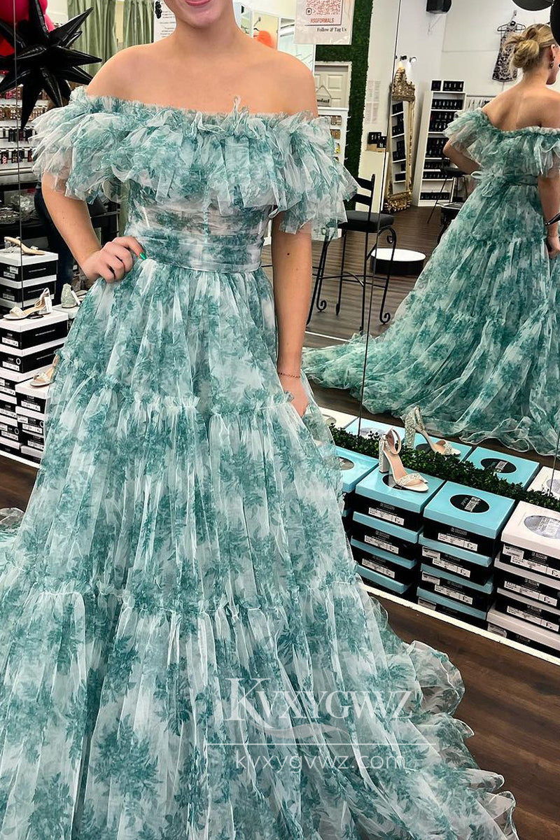 Floral Printed Off the Shoulder Evening Gown Ruffles Tiered Tulle Long Prom Dress LF899