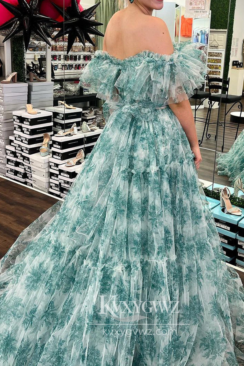Floral Printed Off the Shoulder Evening Gown Ruffles Tiered Tulle Long Prom Dress LF899