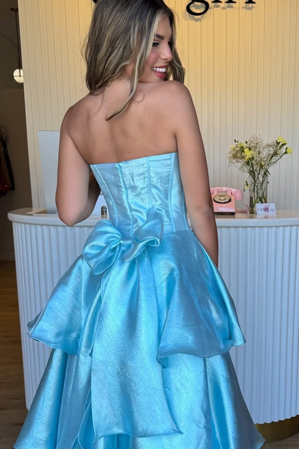 A-Line Strapless Light Blue Ruffle Tiered Long Prom Dress Gown with Bowknot LF1320
