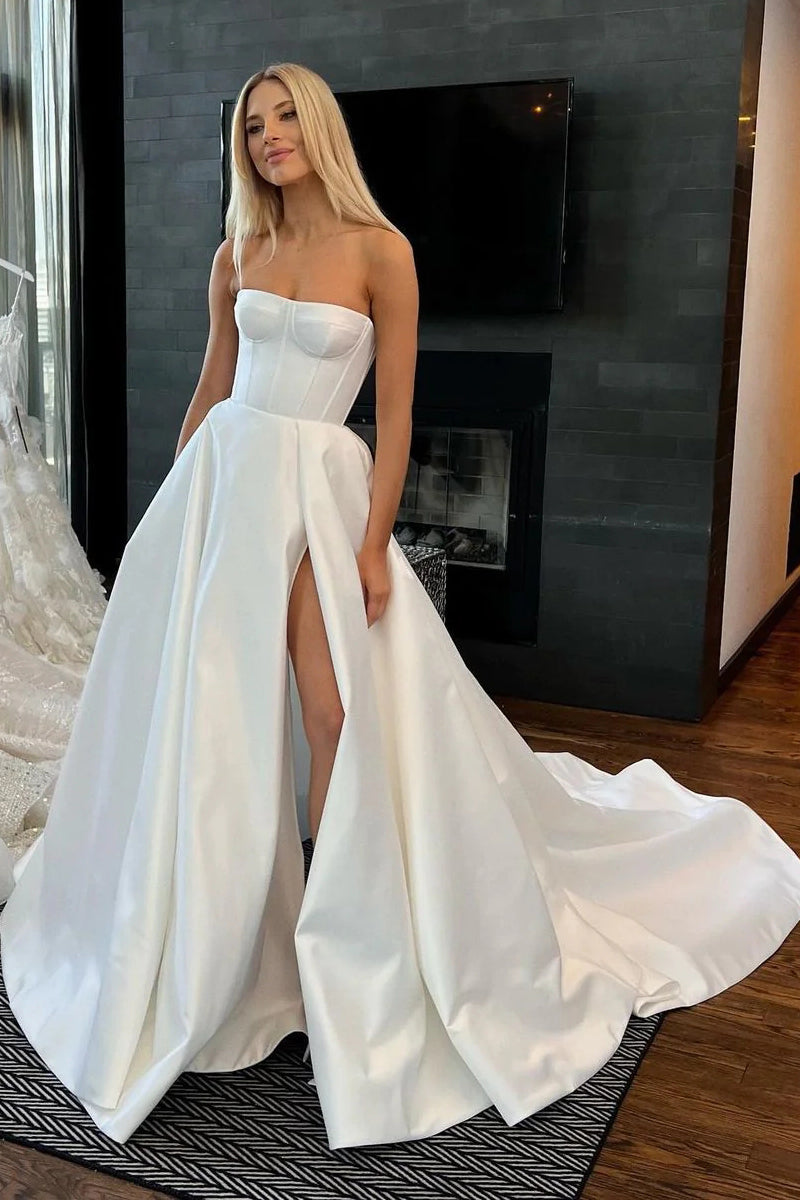 Ball Gown Strapless Satin Wedding Dresses Gown with Slit HS724