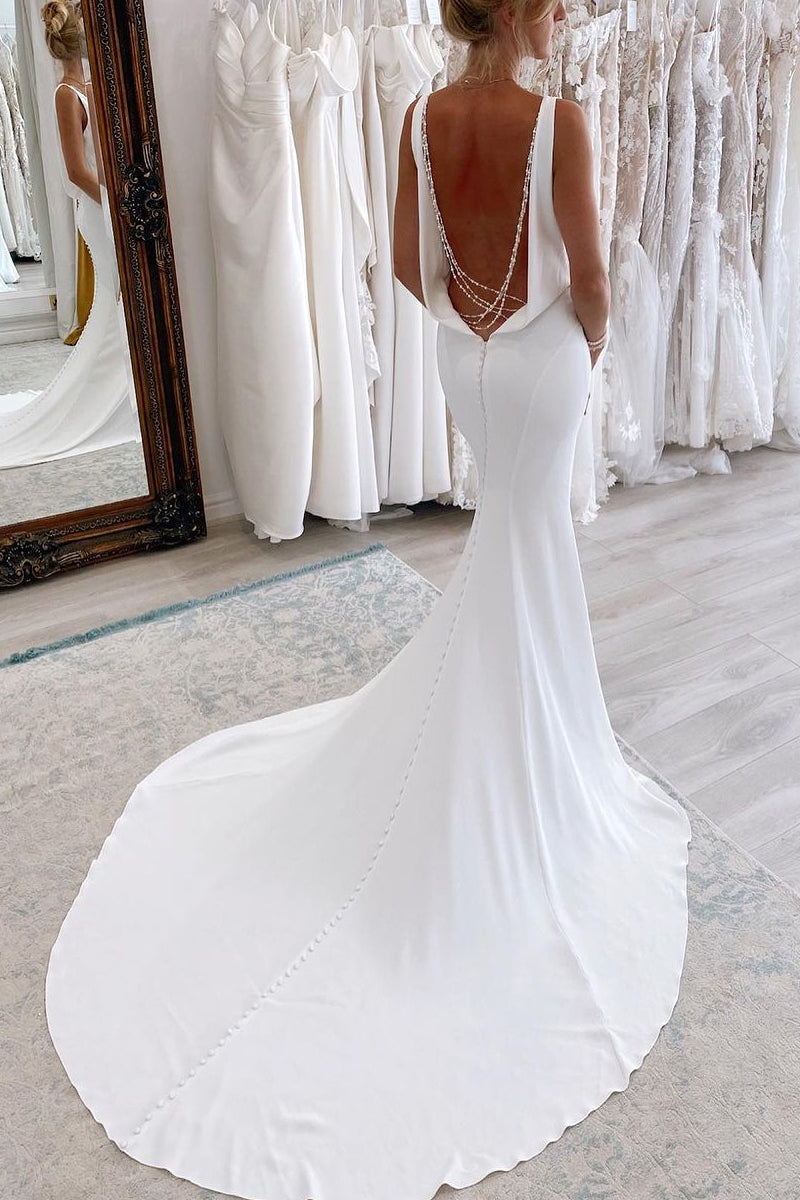 Glamorous Mermaid V Neck Backless White Soft Satin Wedding Dresses Gown HS679