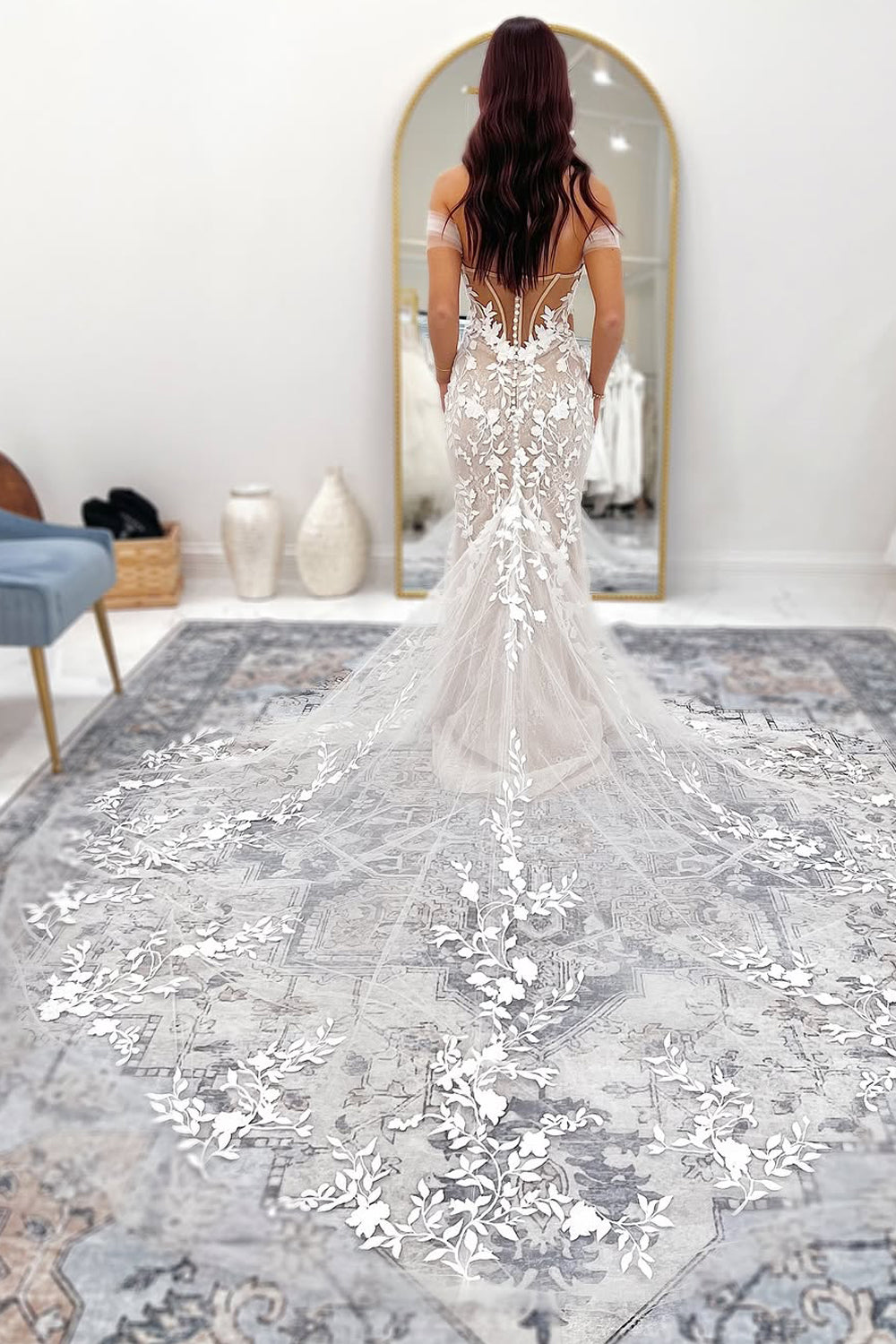 Mermaid Off the Shoulder Ivory Tulle Lace Wedding Dresses Gown HS814