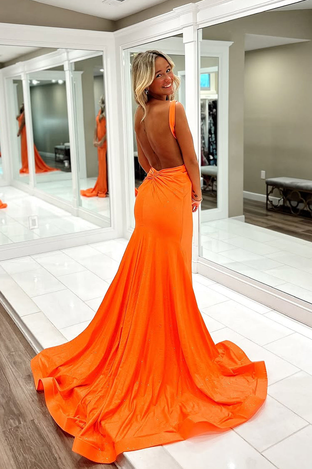 Stunging Mermaid V Neck Orange Satin Long Prom Dress Gown with Slit LF1375