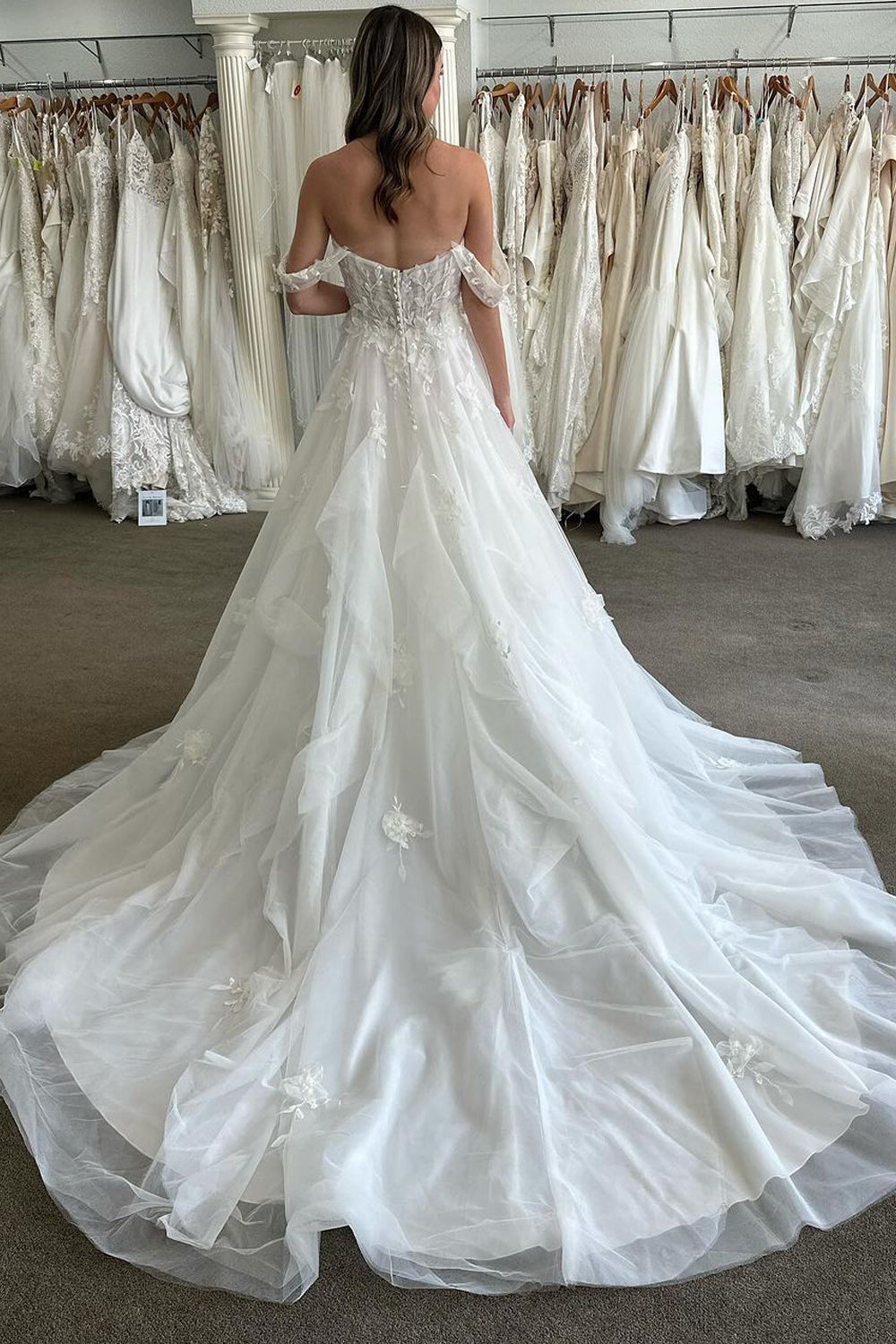 Glamorous A Line Off the Shoulder Tulle Wedding Dresses Gown with Appliques HS754