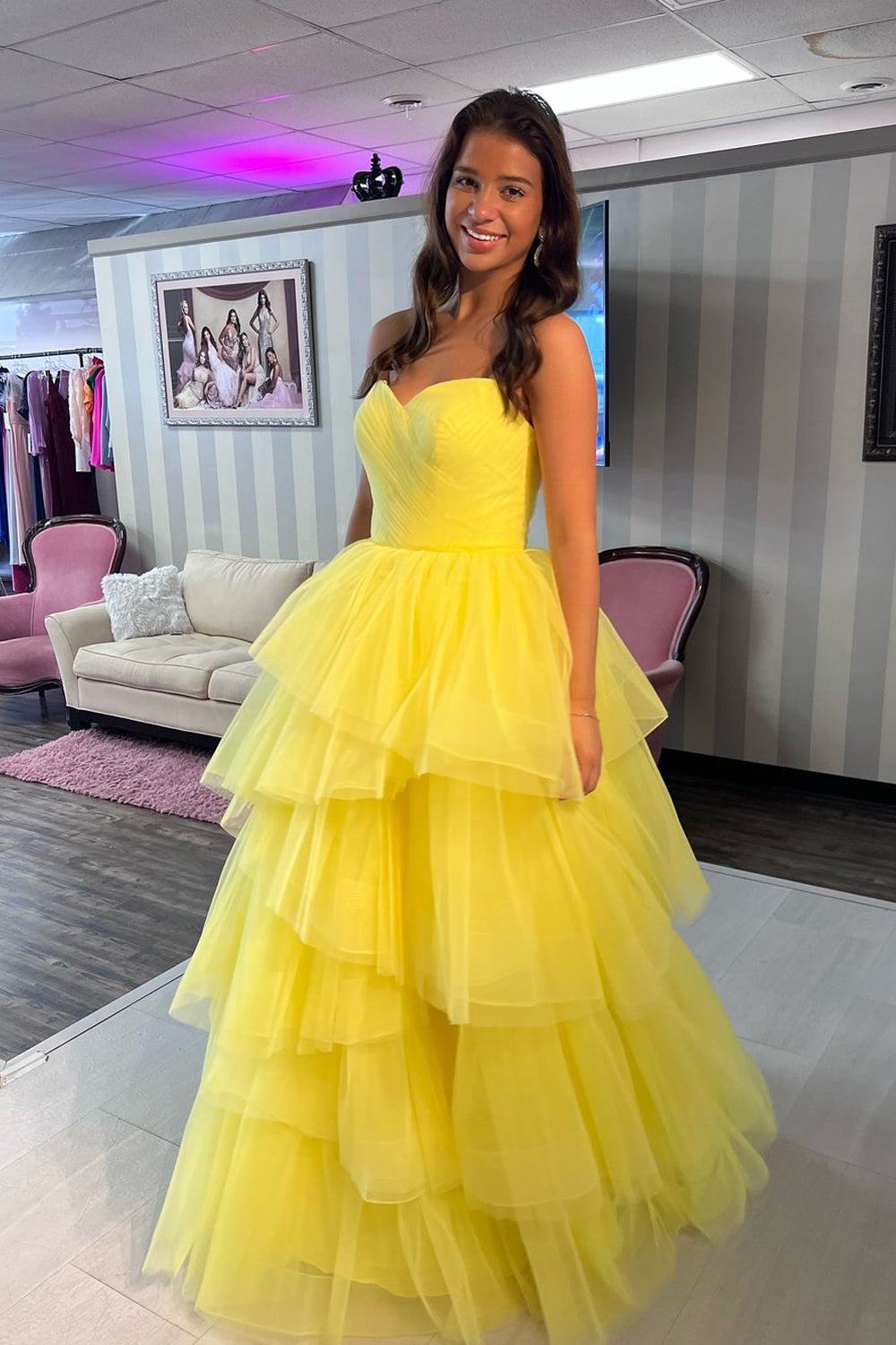 Stunging Ball Gown Sweetheart Yellow Tulle Tiered Long Prom Dress Gown LF1276