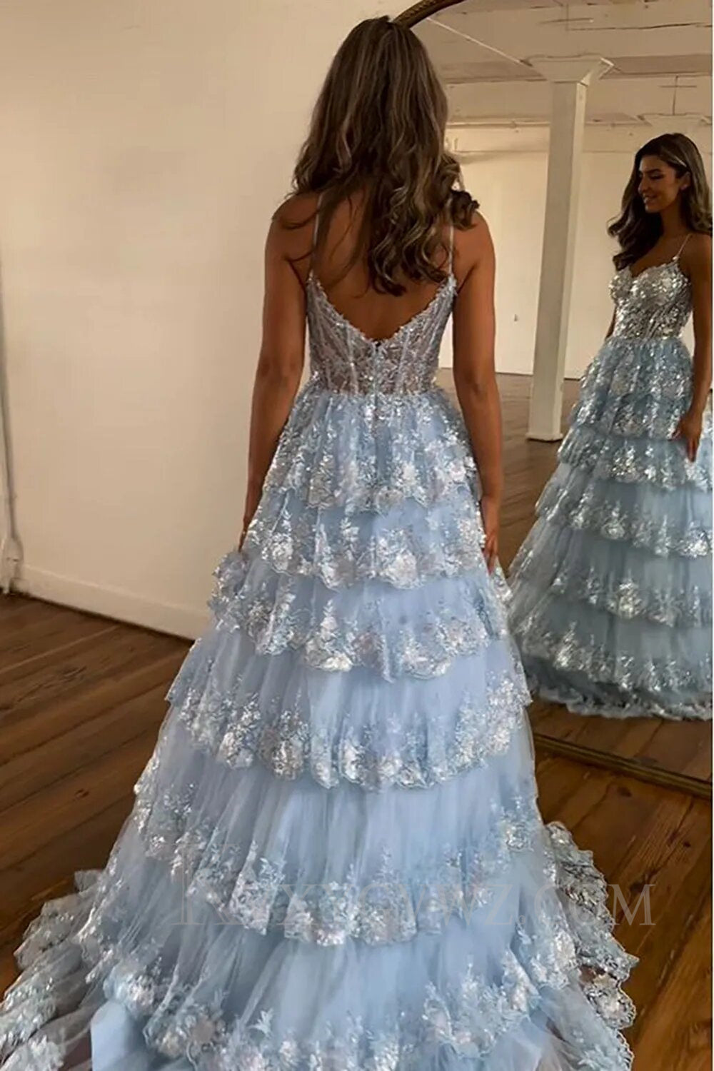 Sparkly Dark Blue Spaghetti Straps Tiered Lace Long Corset Prom Dress LF009