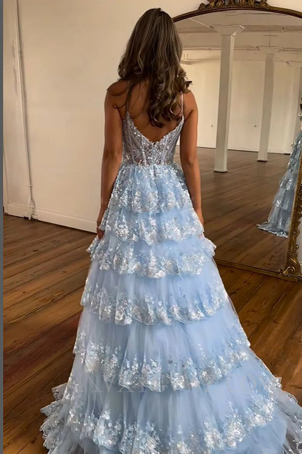 Sparkly Dark Blue Spaghetti Straps Tiered Lace Long Corset Prom Dress LF009