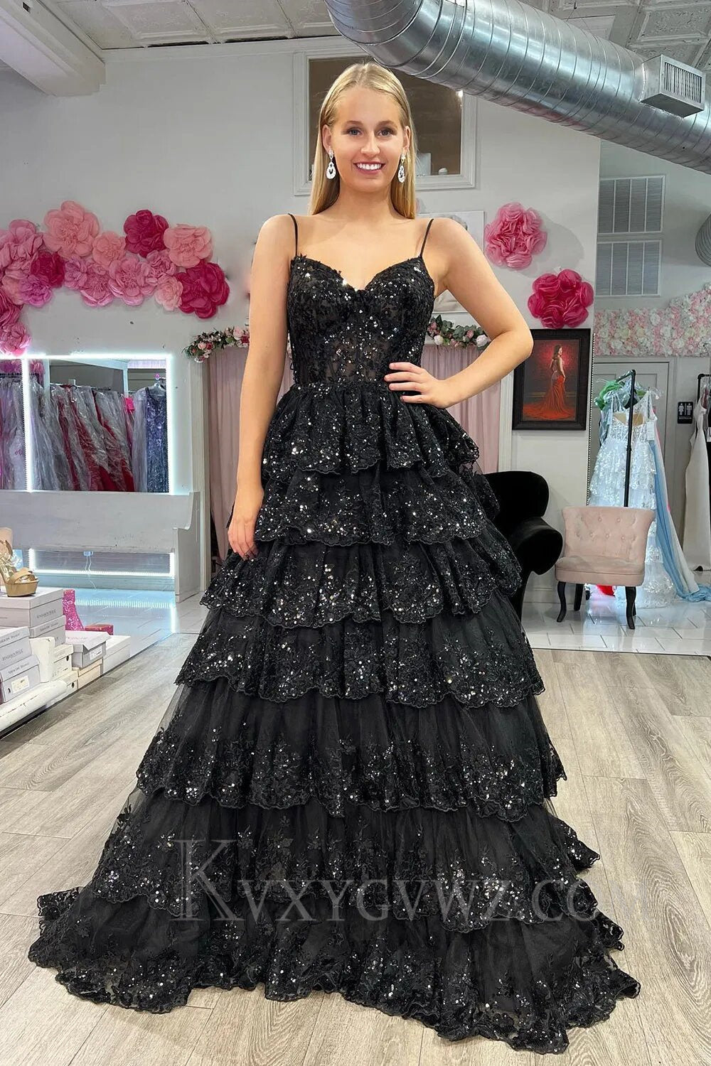 Sparkly Dark Blue Spaghetti Straps Tiered Lace Long Corset Prom Dress LF009
