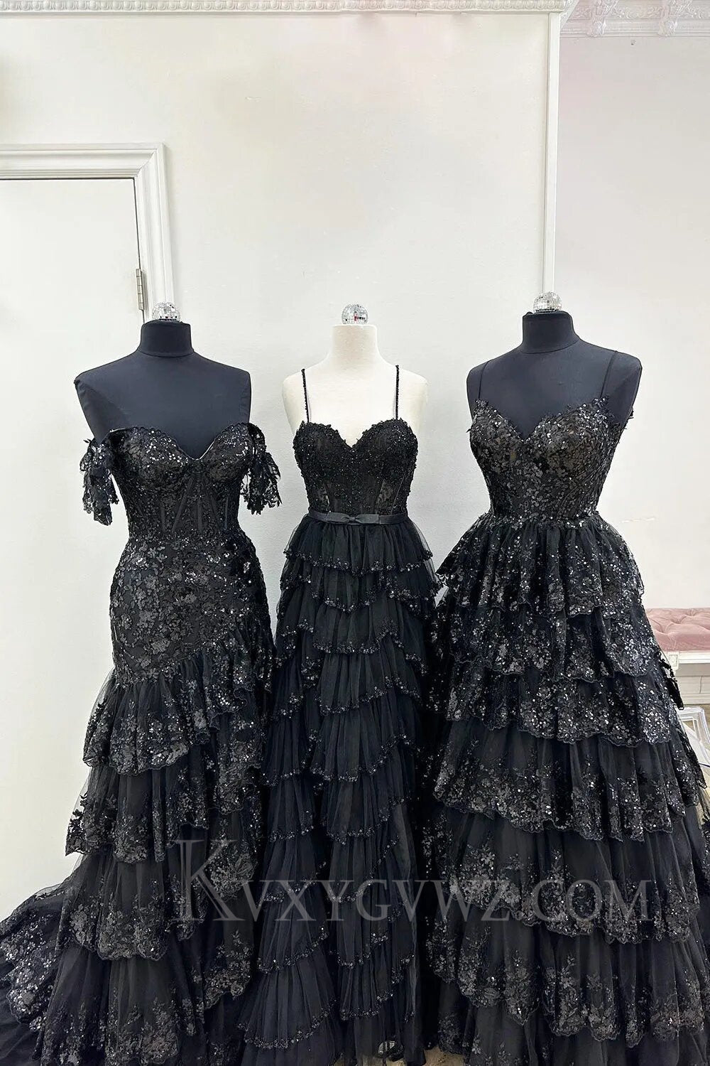 Sparkly Dark Blue Spaghetti Straps Tiered Lace Long Corset Prom Dress LF009