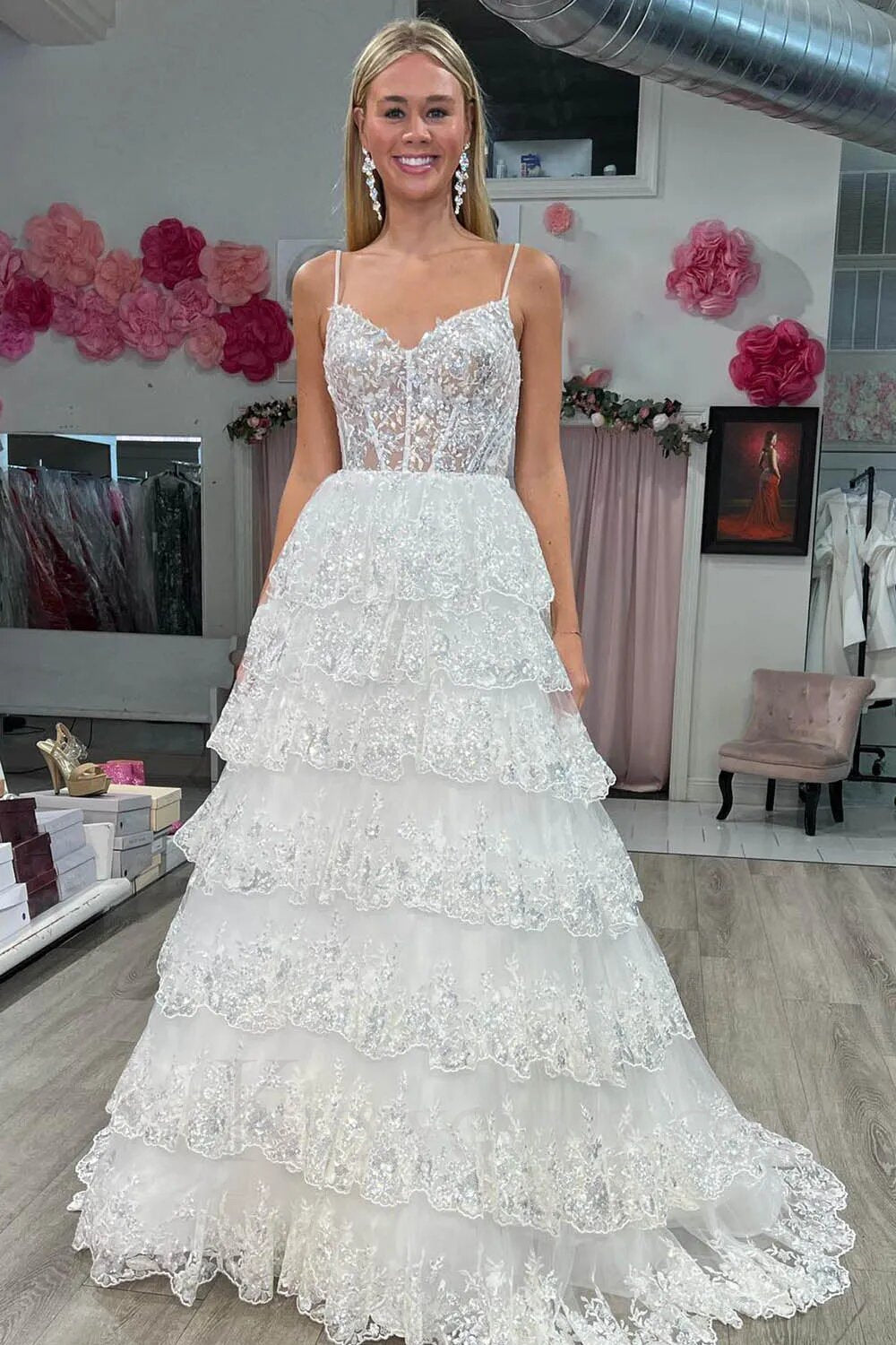 Sparkly Dark Blue Spaghetti Straps Tiered Lace Long Corset Prom Dress LF009