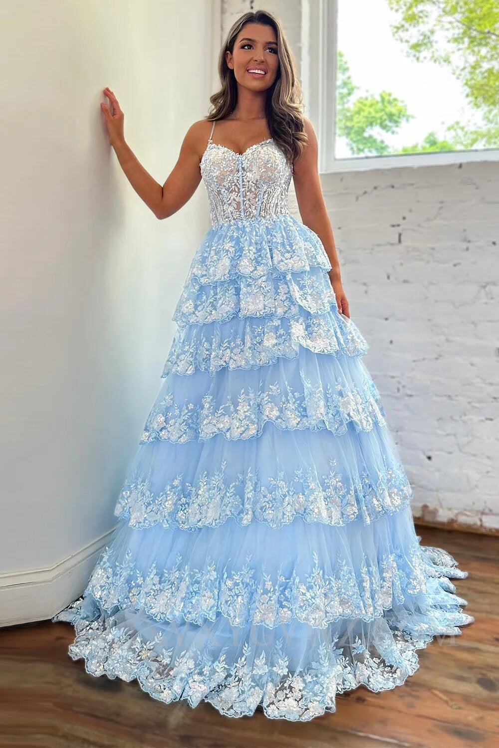 Sparkly Dark Blue Spaghetti Straps Tiered Lace Long Corset Prom Dress LF009