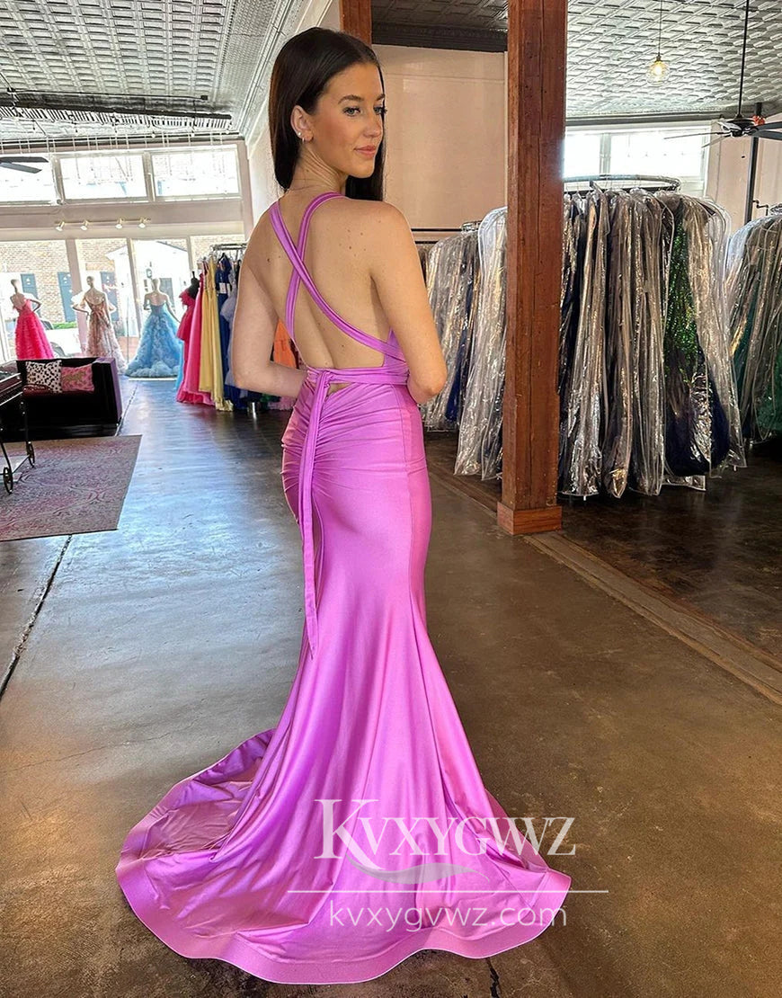 Deep V-Neck Cross Back Evening Gown Long Satin Prom Dress With Split LF900