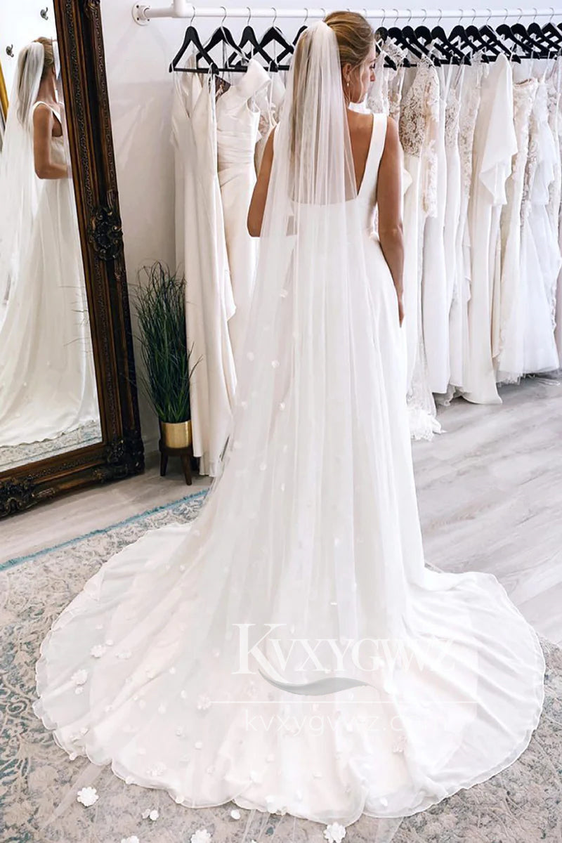 Simple A Line V Neck Satin Long Wedding Dresses Gown With Sweep Train HS901