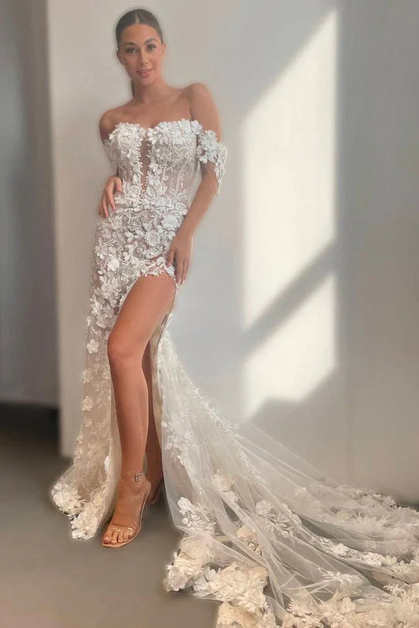 Glamorous Mermaid Sweetheart White Wedding Dresses Gown with Flower Appliques HS673