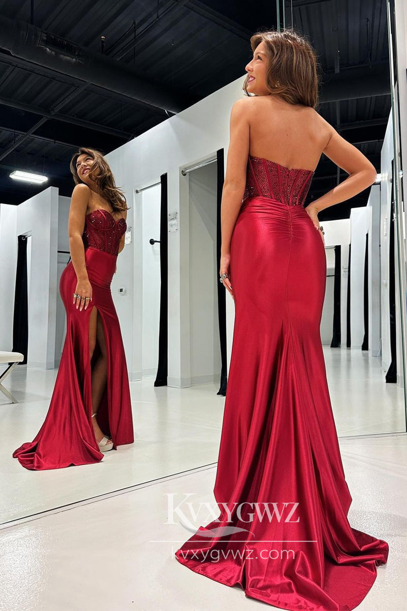 Dark Red Sweetheart Satin Evening Gown Mermaid Long Prom Dress with Beading LF902
