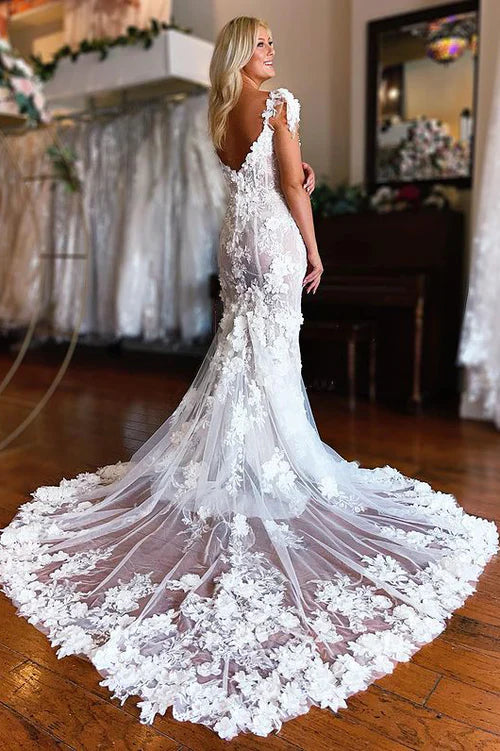Glamorous Mermaid Sweetheart White Wedding Dresses Gown with Flower Appliques HS673