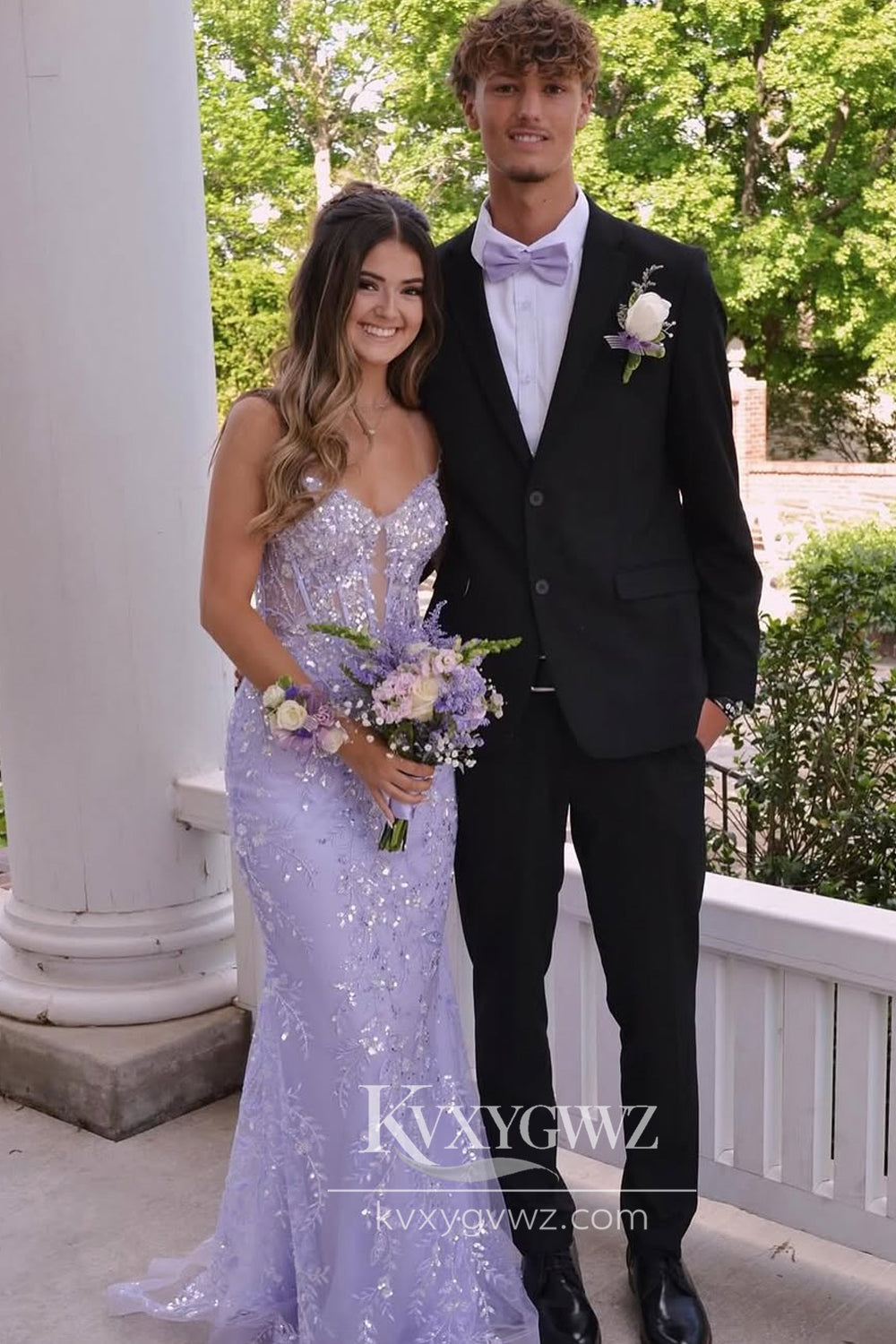 Charming Mermaid V Neck Evening Gown Lavender Sequins Long Prom Dress LF904