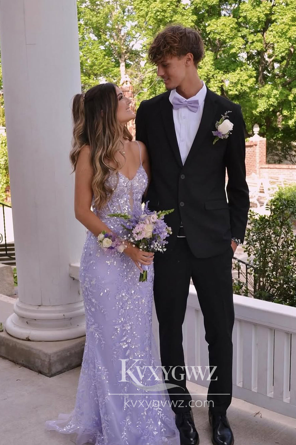 Charming Mermaid V Neck Evening Gown Lavender Sequins Long Prom Dress LF904