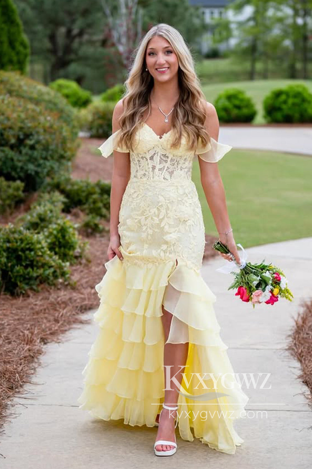 Stunning Mermaid Sweetheart Evening Gown Tiered Chiffon Prom Dress with Slit LF906