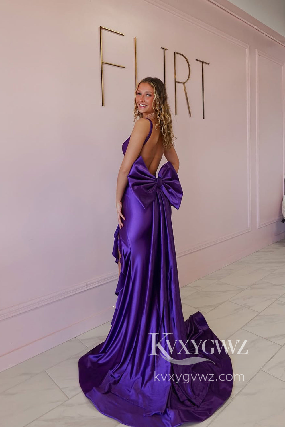 Stunning Mermaid Sweetheart Evening Gown Purple Satin Long Prom Dress with Bow LF908