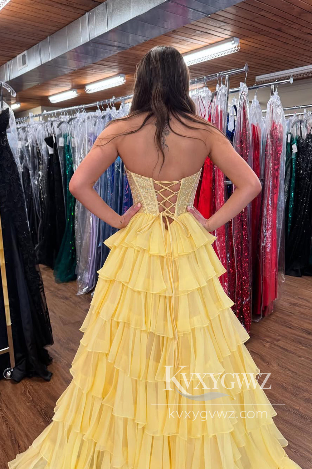 Stunning A Line Scoop Neck Evening Gown Yellow Tiered Chiffon Prom Dress with Hot Stone Beading LF909