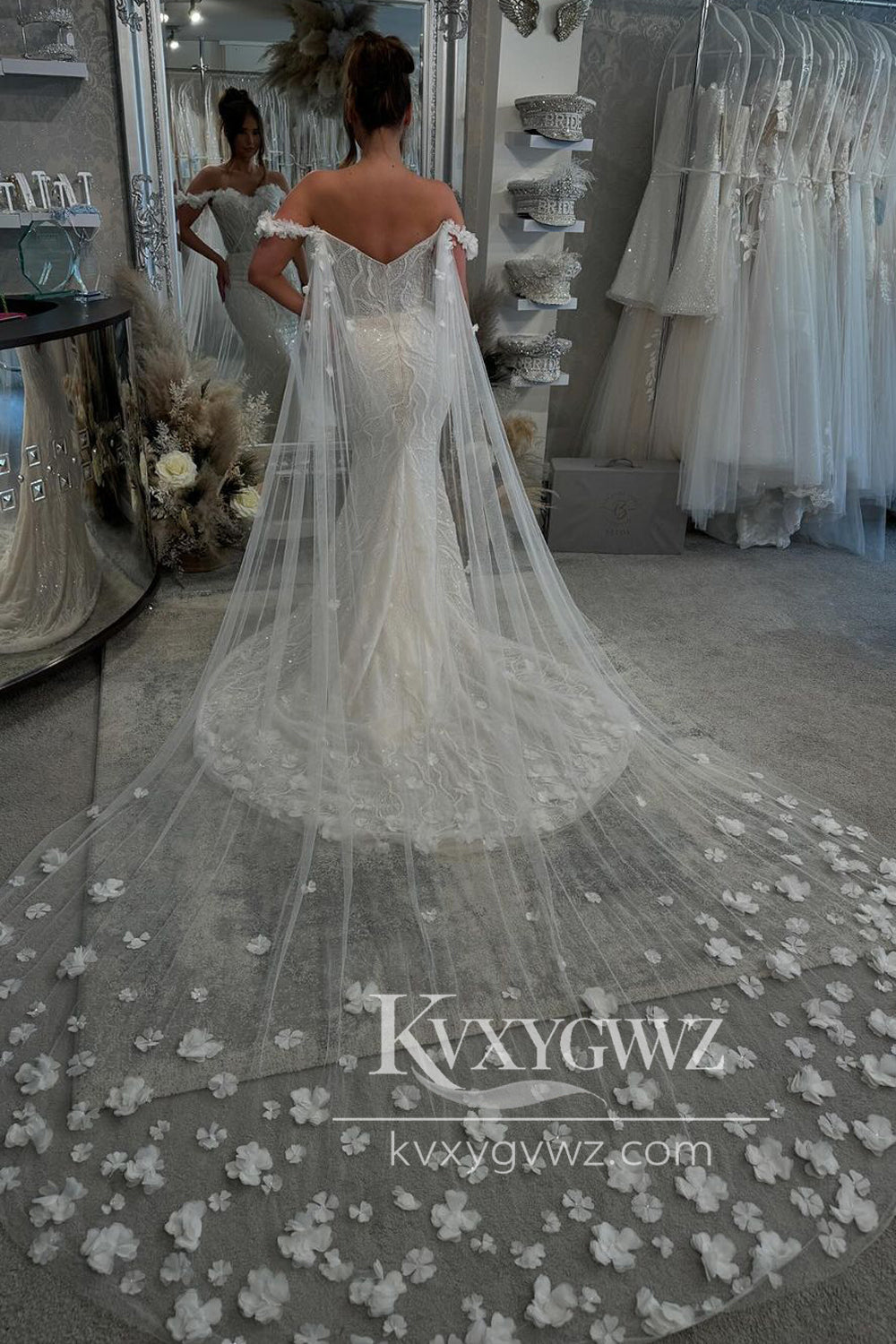 Pastoral Style Mermaid Off the Shoulder Lace Wedding Dresses Gown with 3D Flowers HS910