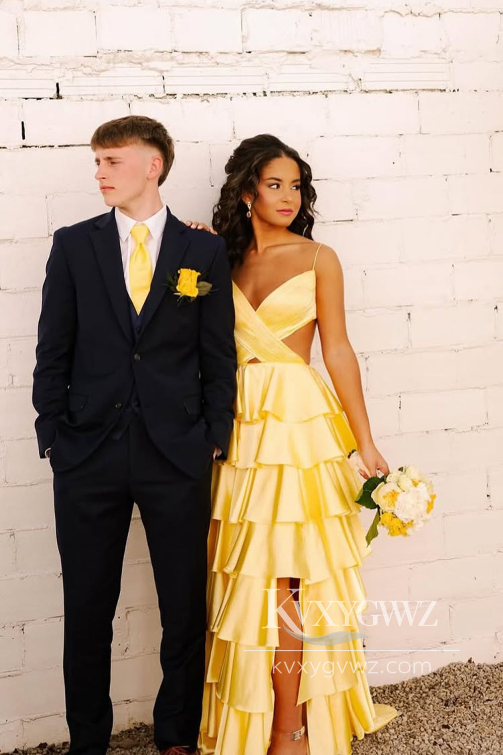 Stunning A Line V Neck Evening Gown Yellow Tiered Satin Prom Dress LF910