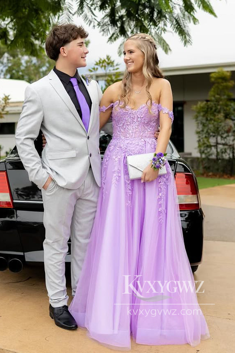 Stunning A Line Sweetheart Lavender Evening Gown Tulle Prom Dress with Appliques LF911