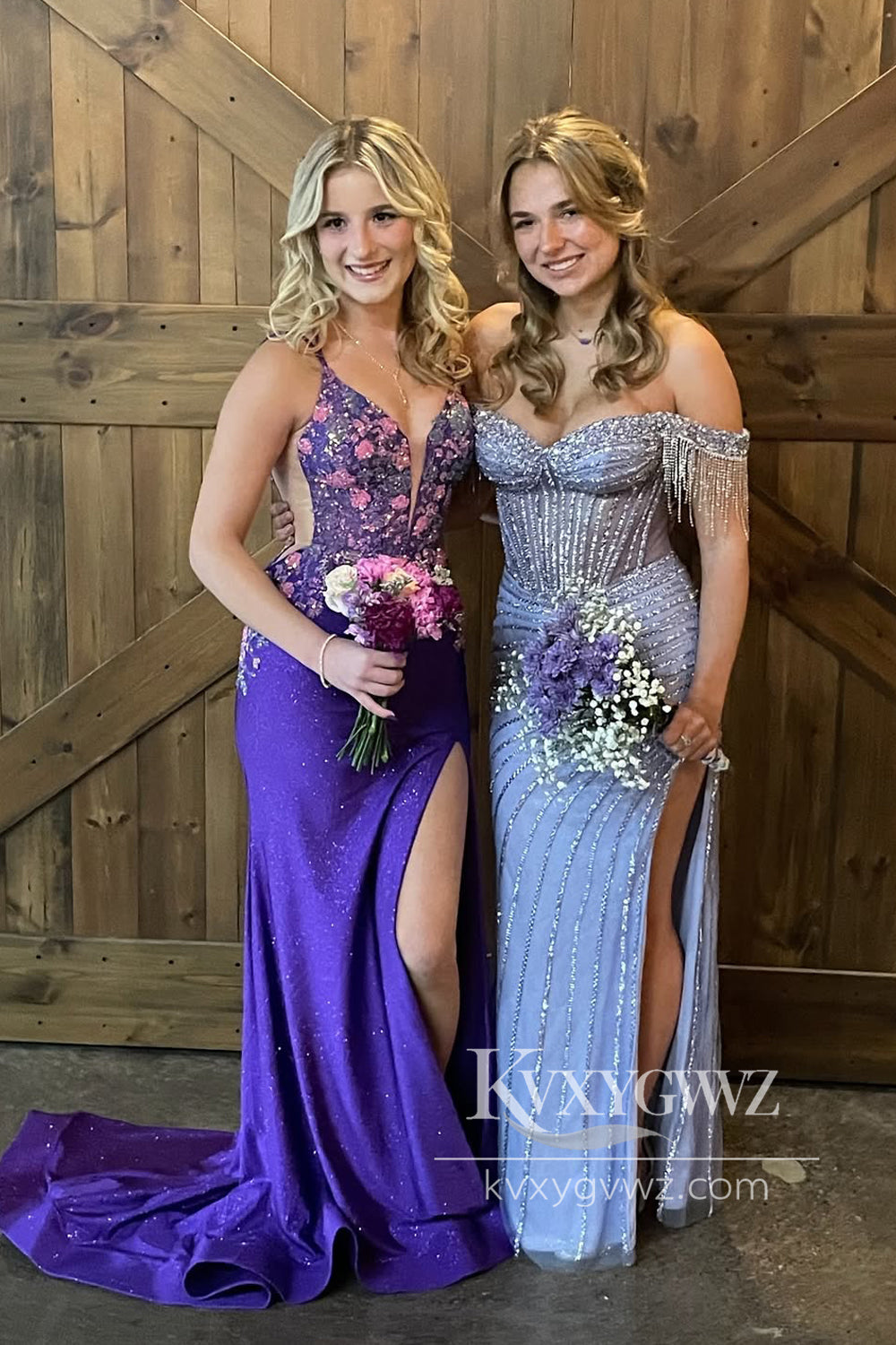 Dazzling Mermaid V Neck Purple Satin Prom Gown with Appliques LF918