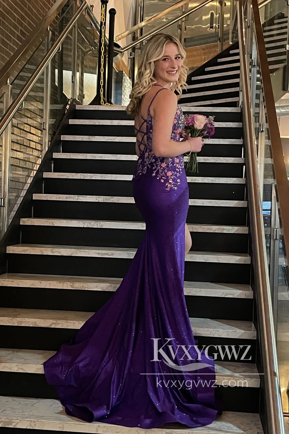 Dazzling Mermaid V Neck Purple Satin Prom Gown with Appliques LF918