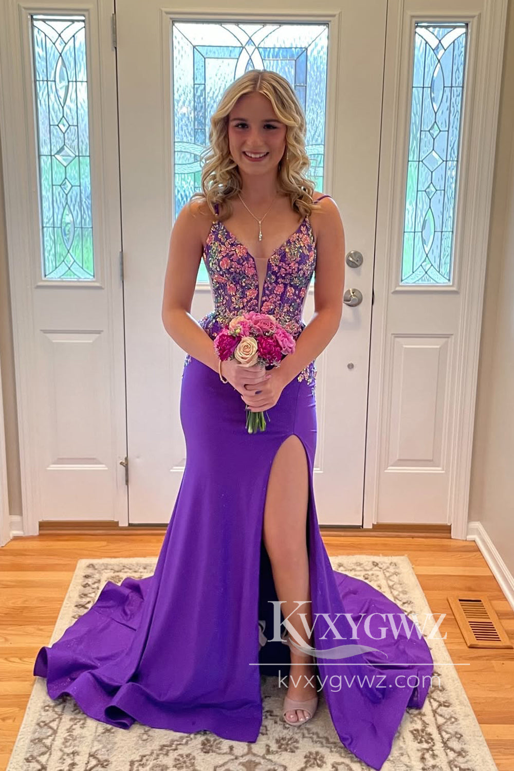 Dazzling Mermaid V Neck Purple Satin Prom Gown with Appliques LF918