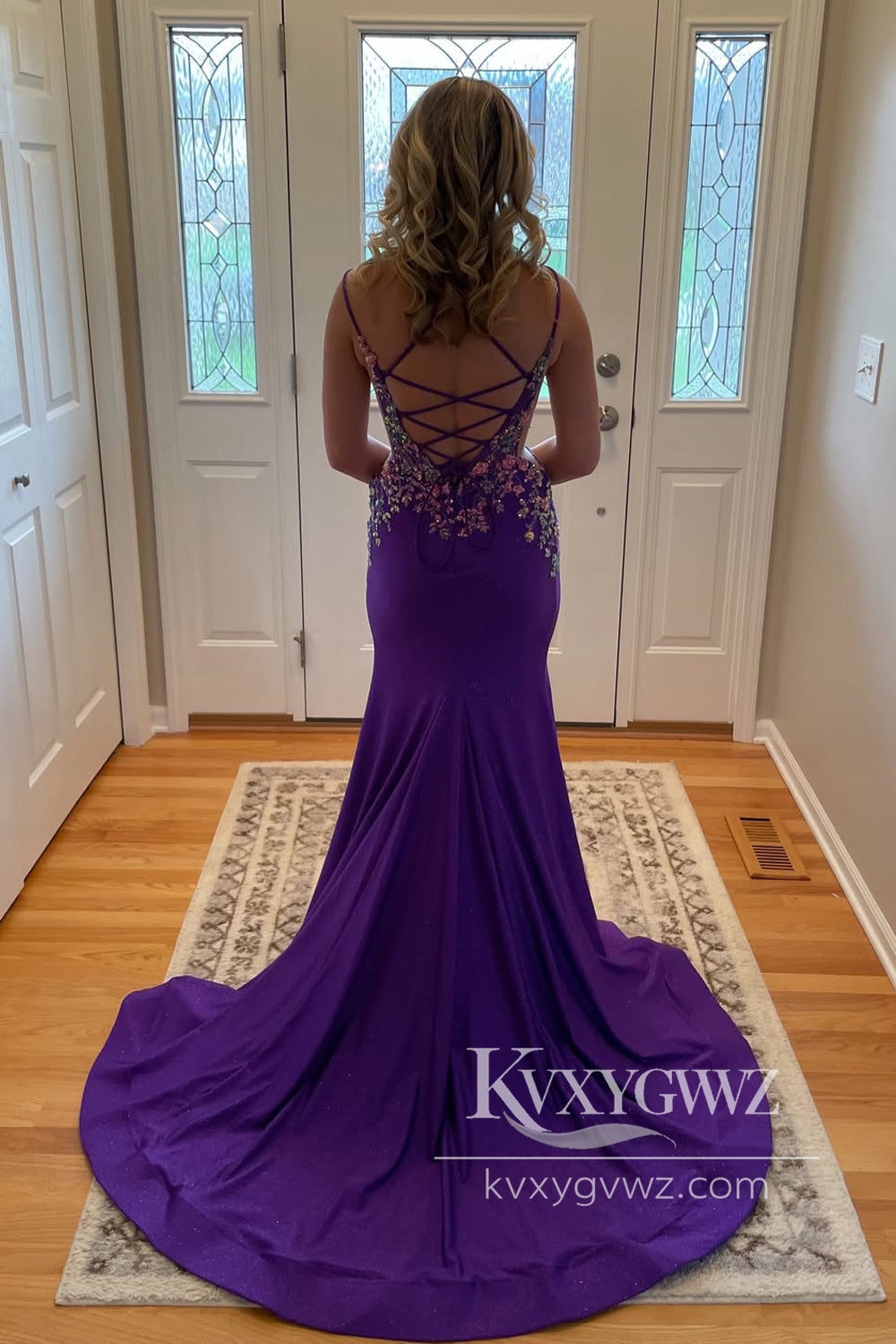 Dazzling Mermaid V Neck Purple Satin Prom Gown with Appliques LF918