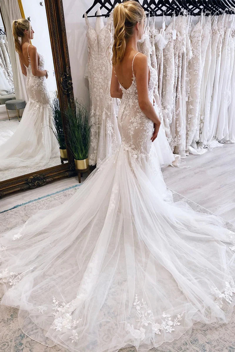 Boho Mermaid V Neck Tulle Lace Long Wedding Dresses Gown with Appliques HS914