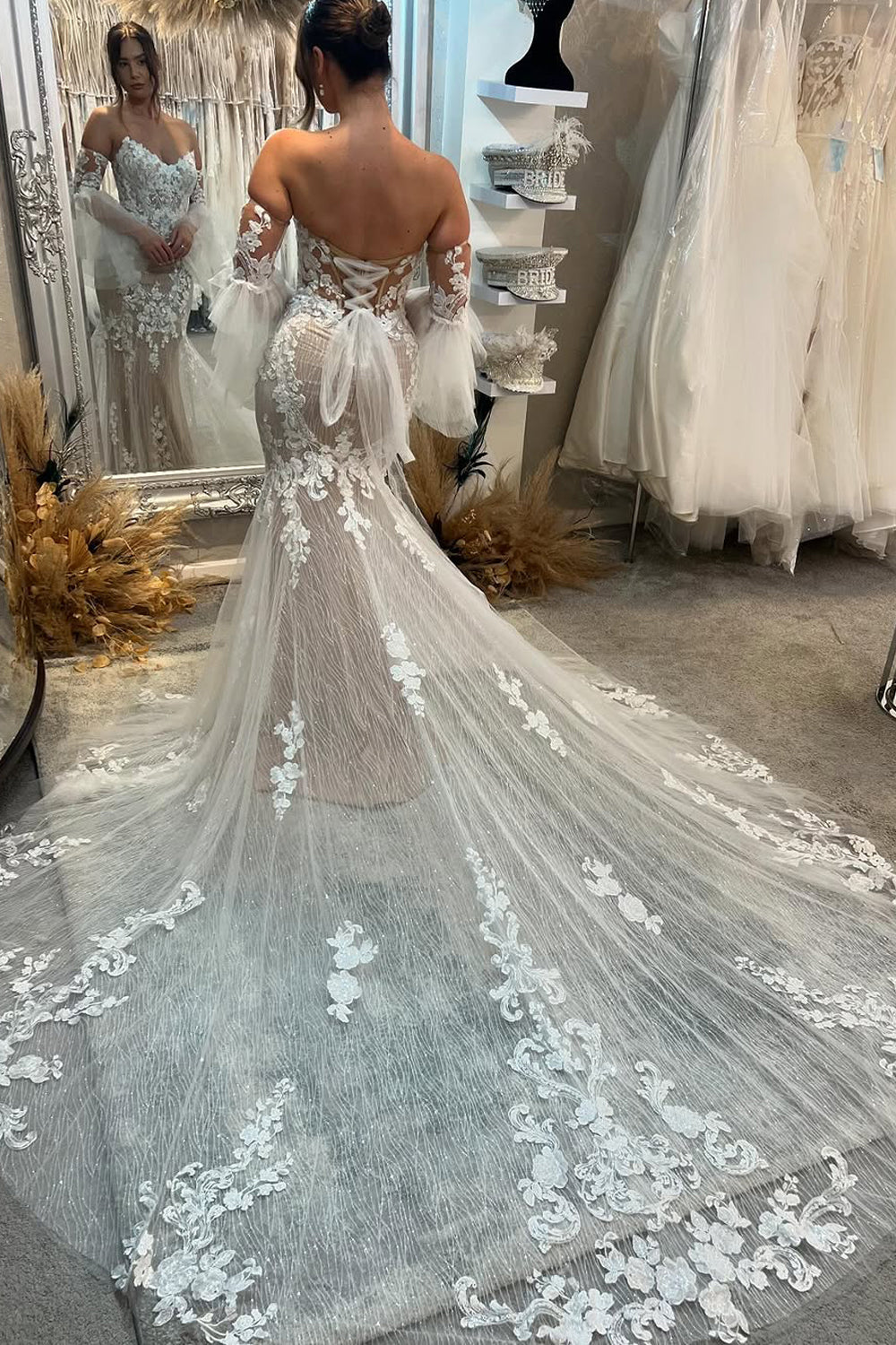 Boho Mermaid V Neck Lace Wedding Dresses Gown with Appliques HS874