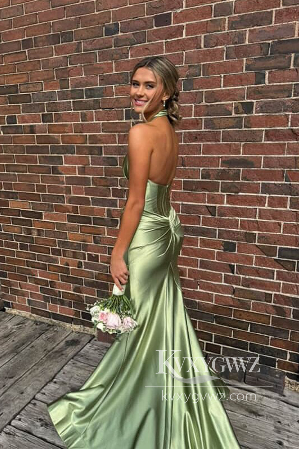Stunning Mermaid Halter Sage Green Satin Long Prom Evening Dresses with Slit LF920