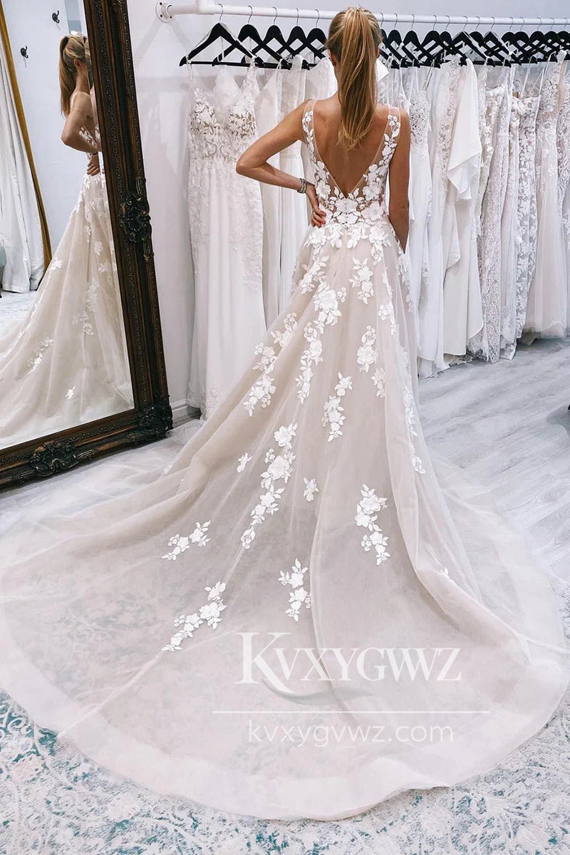 A Line V Neck Tulle Wedding Dresses Gown with Appliques HS921