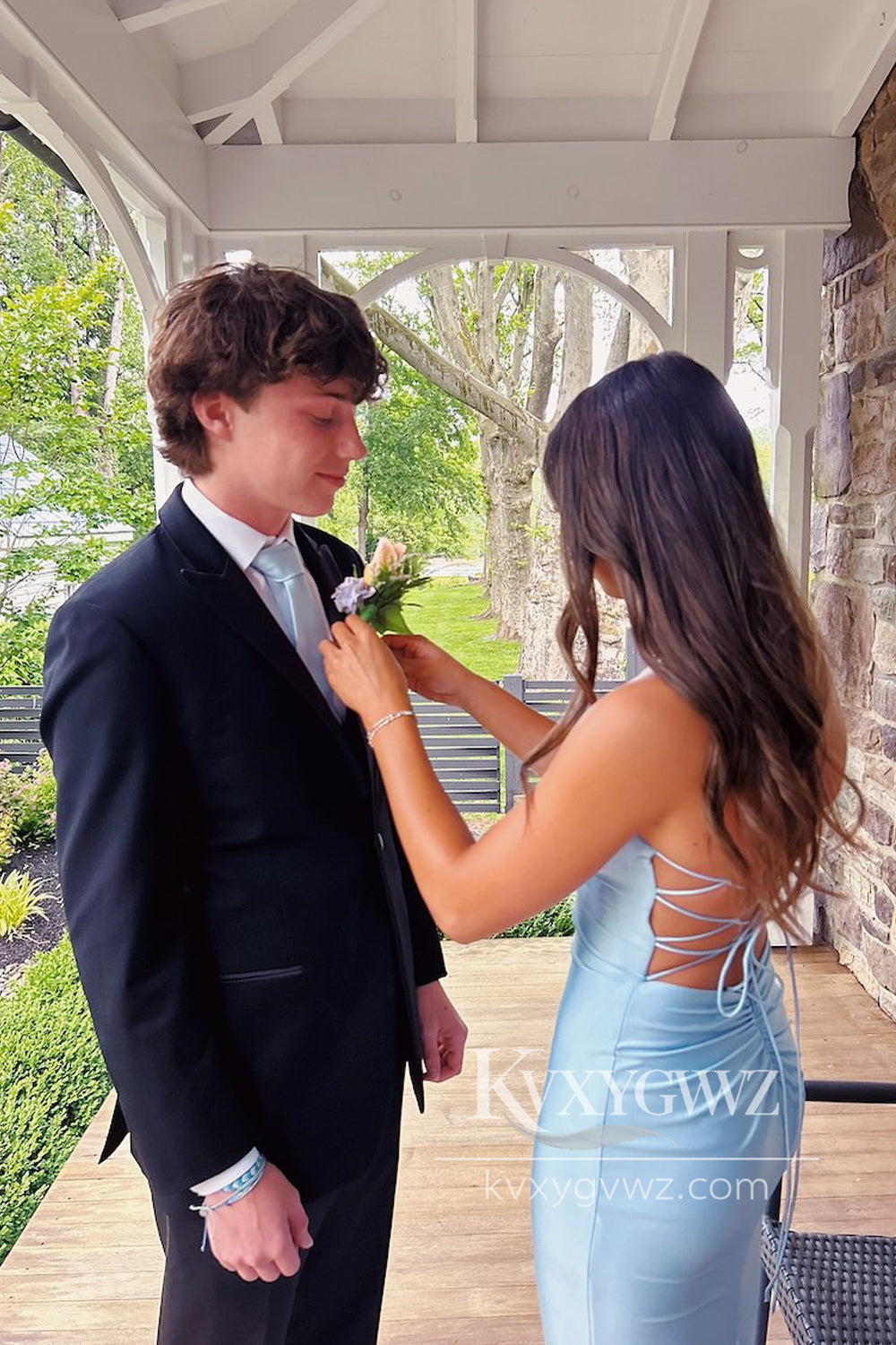 Charming Mermaid V Neck Evening Gown Light Blue Elastic Satin Long Prom Dress LF923