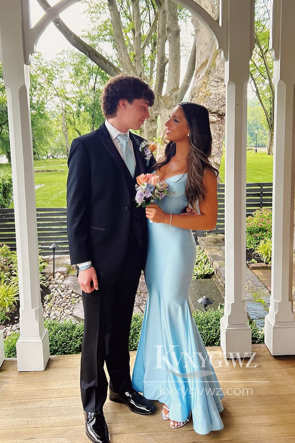Charming Mermaid V Neck Evening Gown Light Blue Elastic Satin Long Prom Dress LF923