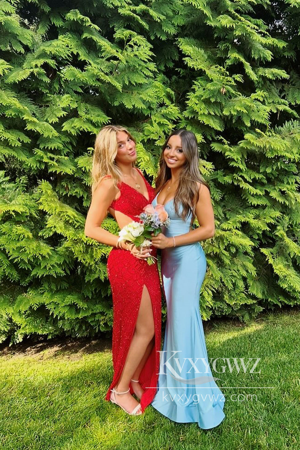 Charming Mermaid V Neck Evening Gown Light Blue Elastic Satin Long Prom Dress LF923