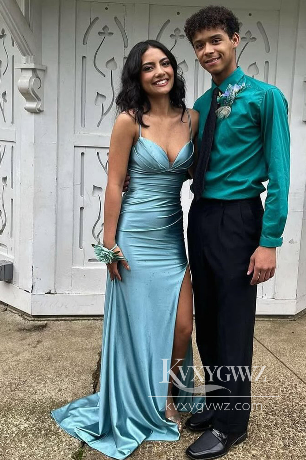 Charming Mermaid Sweetheart Evening Gown Aqua Satin Long Prom Dress with Slit LF924
