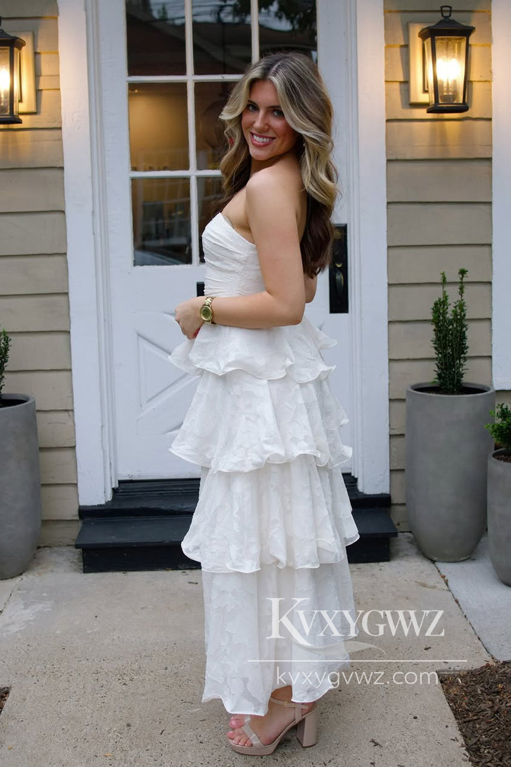 Fairy Sheath Strapless Evening Gown Tiered Long Prom Dress LF925