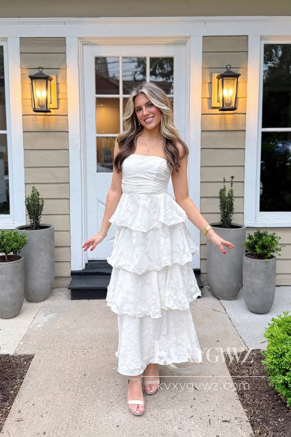 Fairy Sheath Strapless Evening Gown Tiered Long Prom Dress LF925