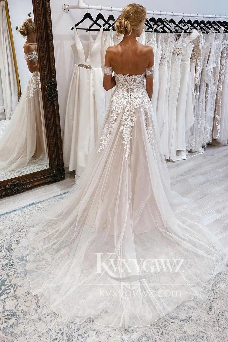 Bohemian A Line Off the Shoulder Tulle Wedding Dresses Gown With Sweep Train HS925
