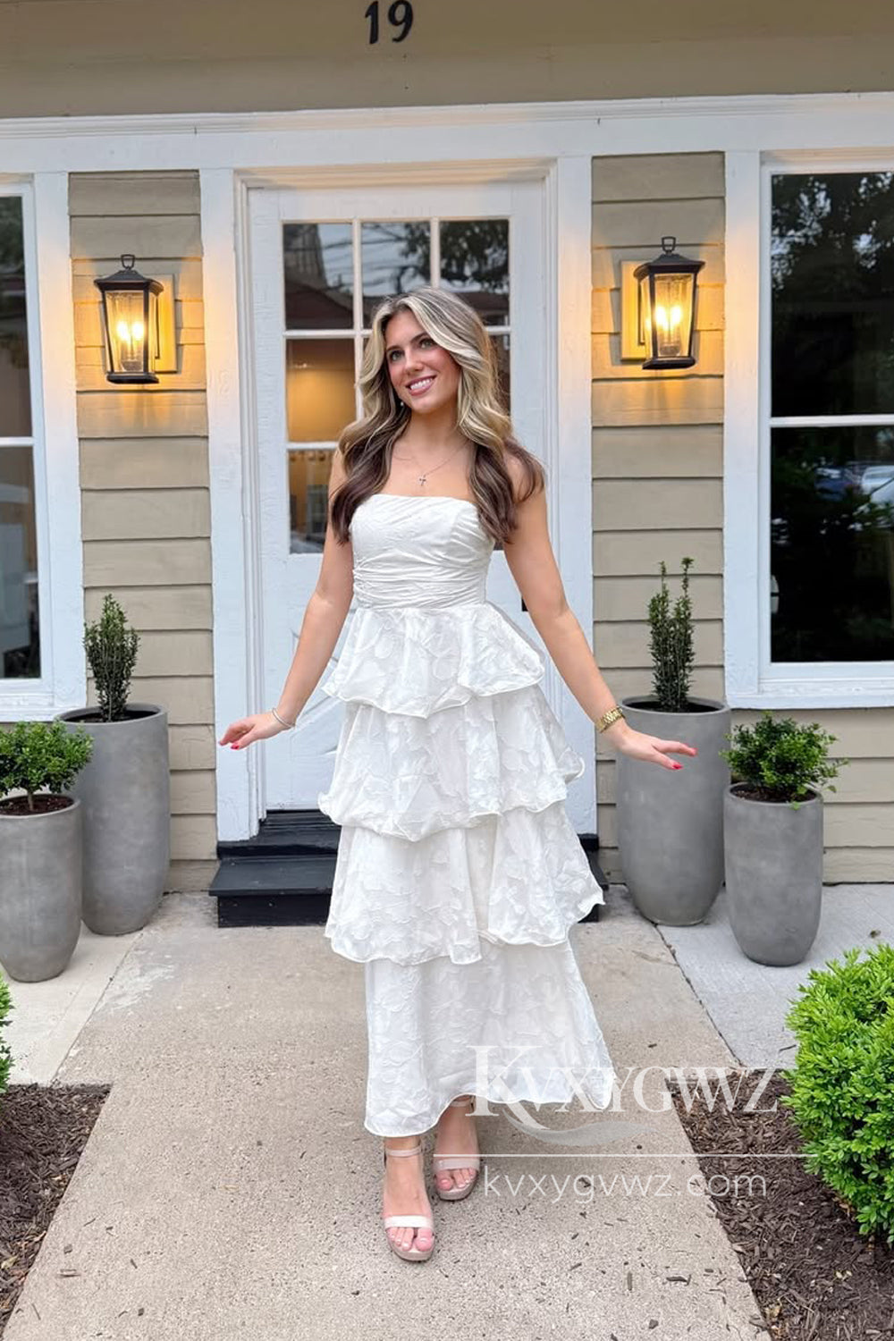Fairy Sheath Strapless Evening Gown Tiered Long Prom Dress LF925