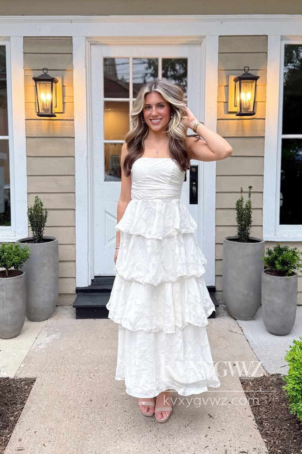 Fairy Sheath Strapless Evening Gown Tiered Long Prom Dress LF925