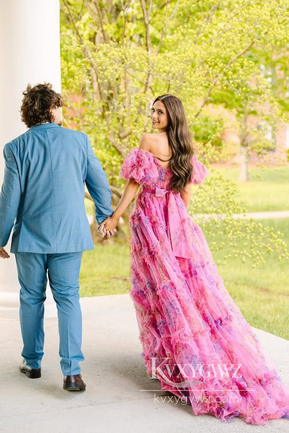 Dazzling Ball Gown Tiered Pink Evening Gown Floral Tulle Prom Dress Gown LF927