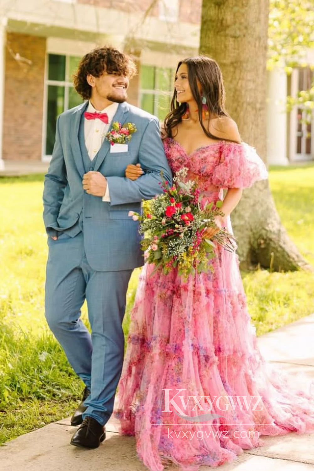 Dazzling Ball Gown Tiered Pink Evening Gown Floral Tulle Prom Dress Gown LF927