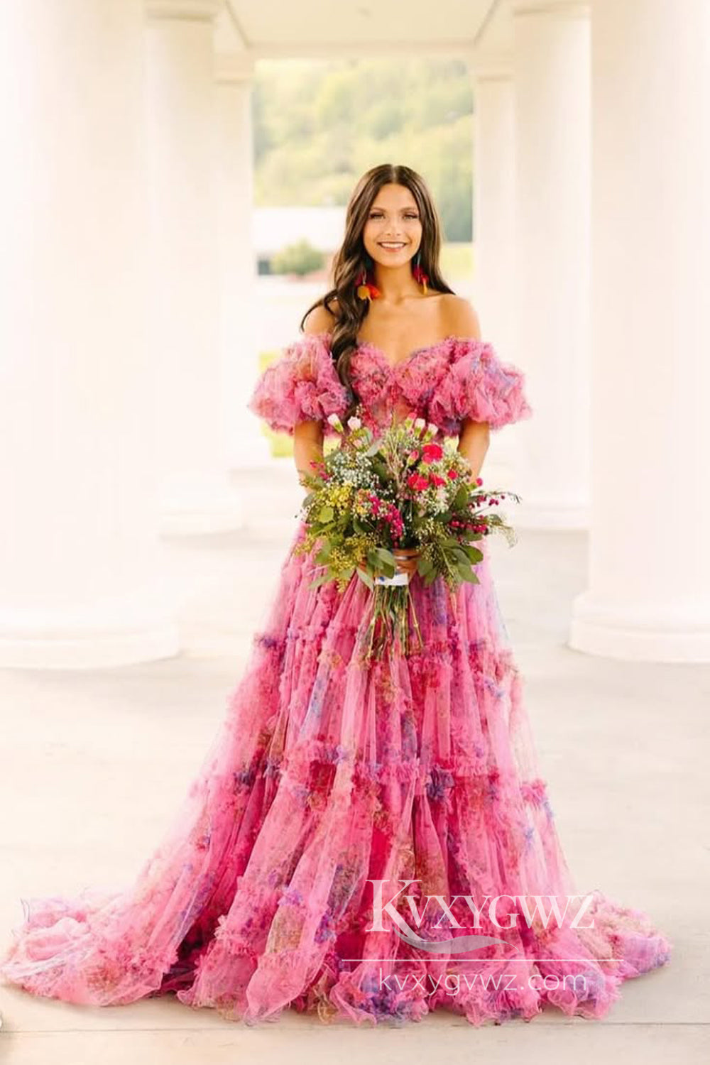 Dazzling Ball Gown Tiered Pink Evening Gown Floral Tulle Prom Dress Gown LF927