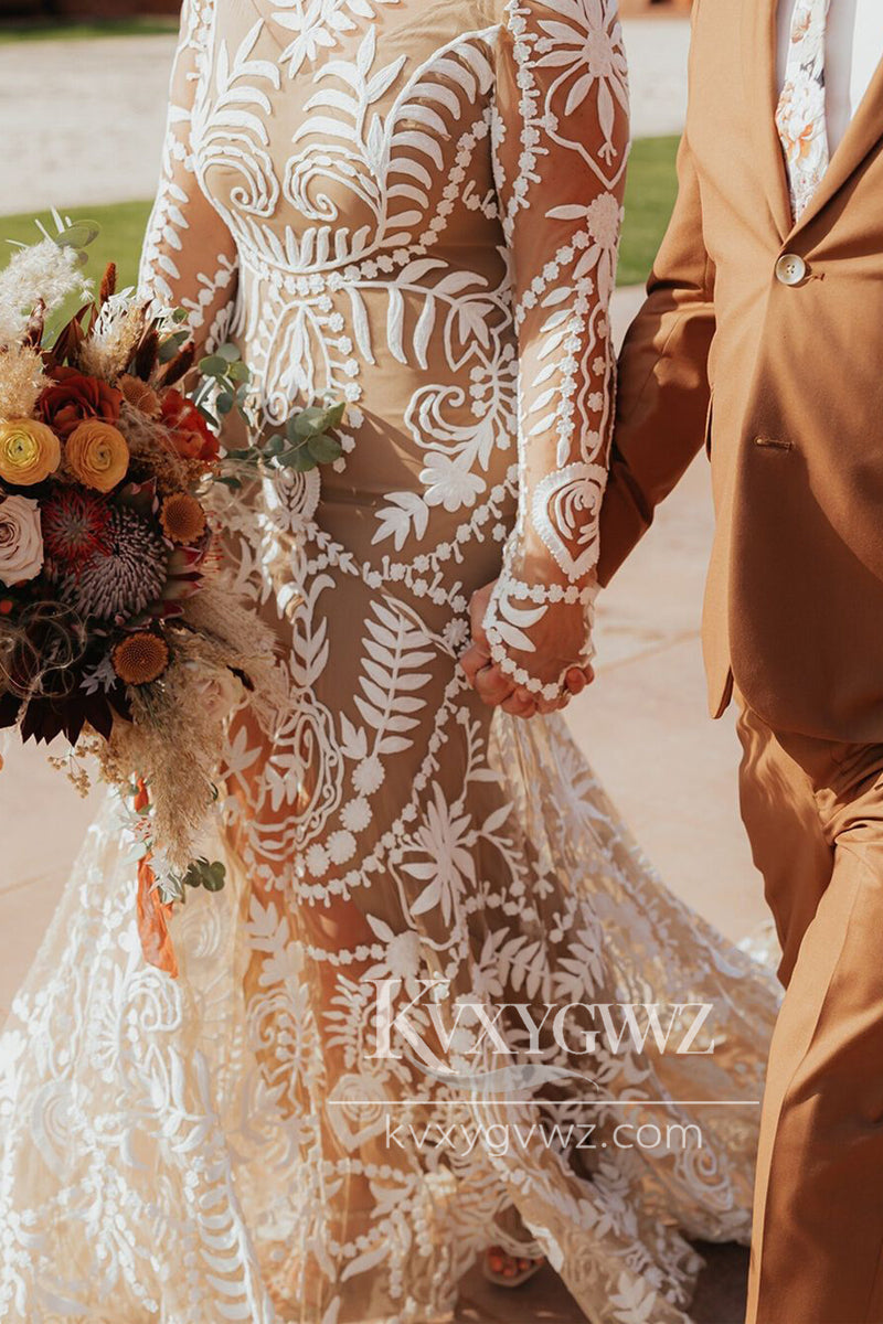 Bohemian Mermaid Long Sleeves Champagne Lace Wedding Dresses Gown HS929