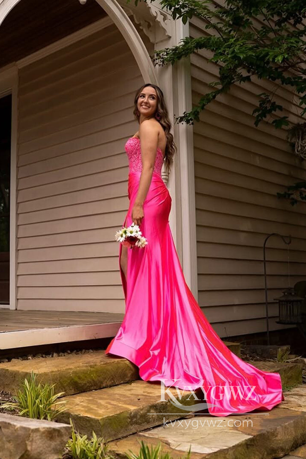 Charming Mermaid Sweetheart Evening Gown Pink Satin Prom Dress with Slit LF930